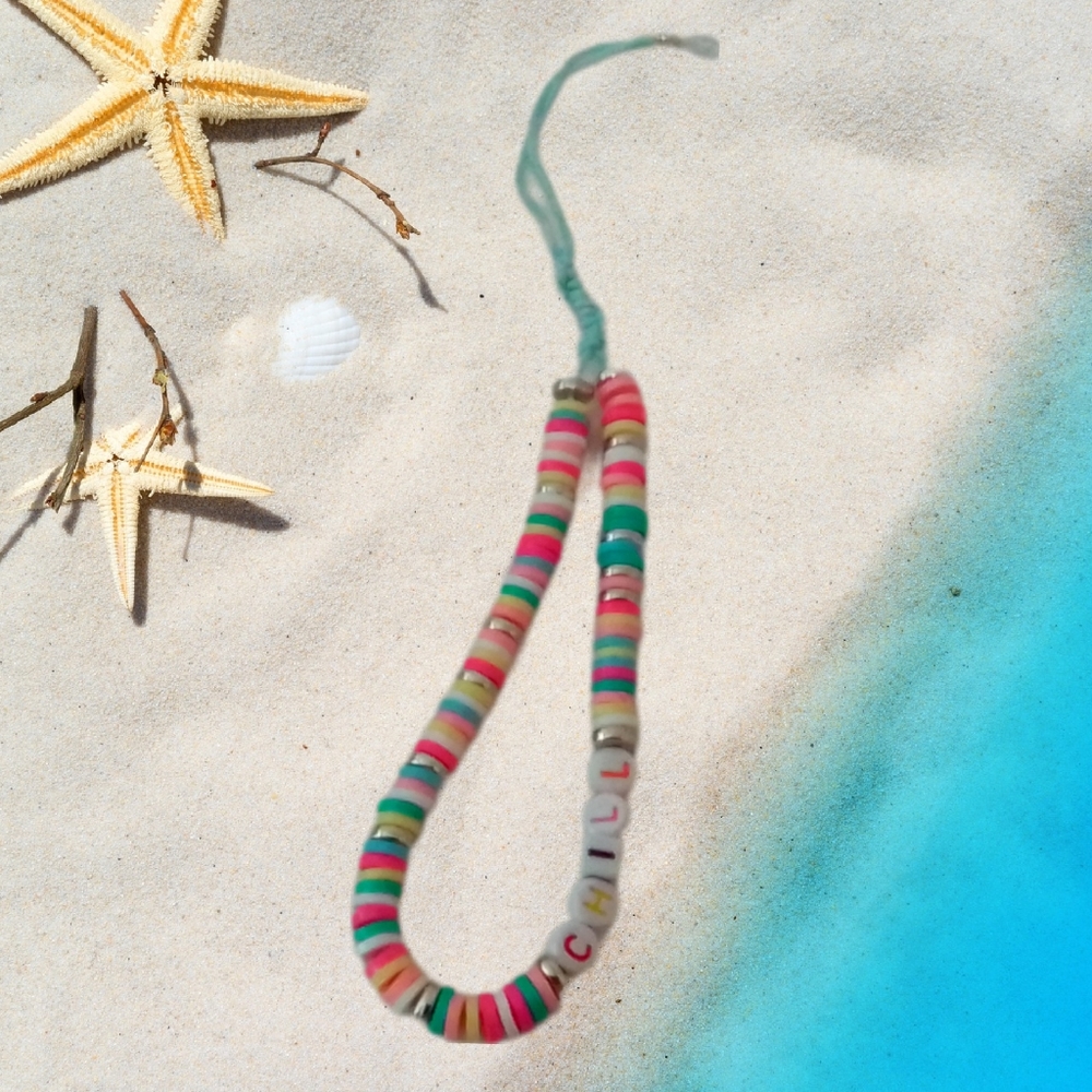 Phone Charm 'Chillin By The Rainbow' heishi beads. Handmade by mxsha beads